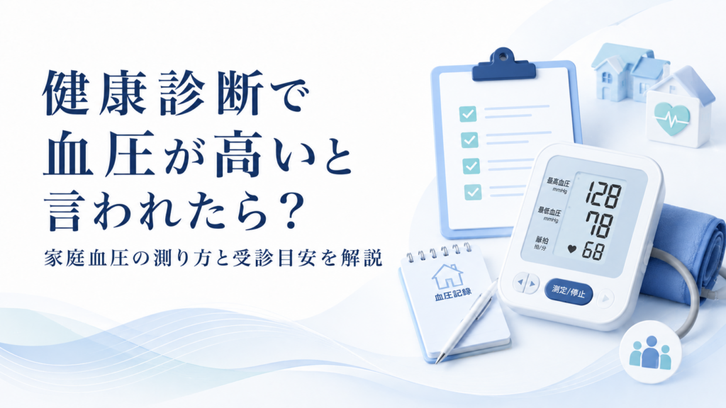 健康診断で血圧が高いと言われたときの家庭血圧の測り方と受診目安を解説するイメージ