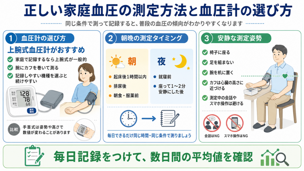 家庭血圧の測定タイミング、正しい姿勢、上腕式血圧計の選び方をまとめた図