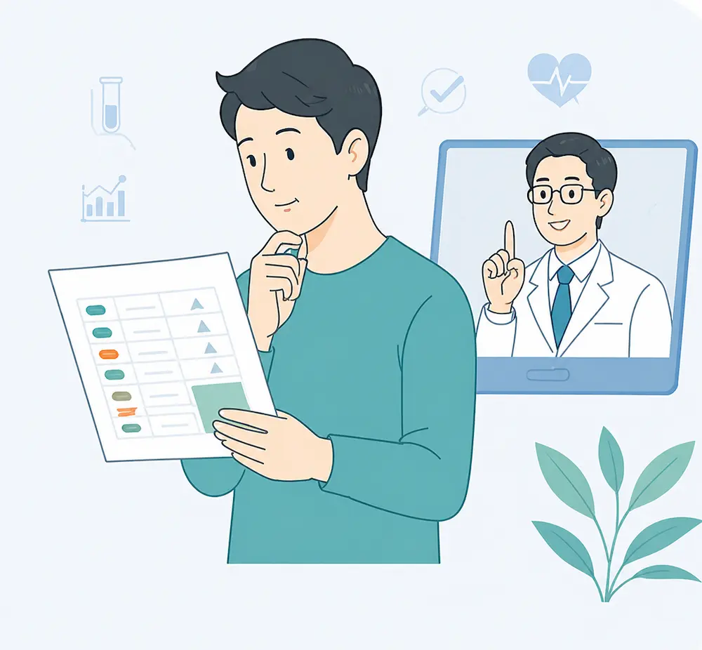 健診結果を見ながら次の行動を確認するイラスト
