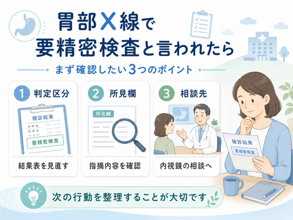 胃部X線で要精密検査と言われたときに確認したい判定区分・所見欄・相談先を整理した図