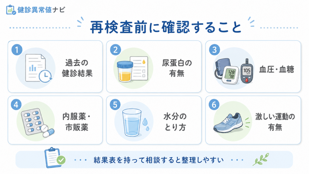 eGFRが低いと言われたとき再検査前に確認する健診結果、尿蛋白、血圧、血糖、内服薬のチェックリスト