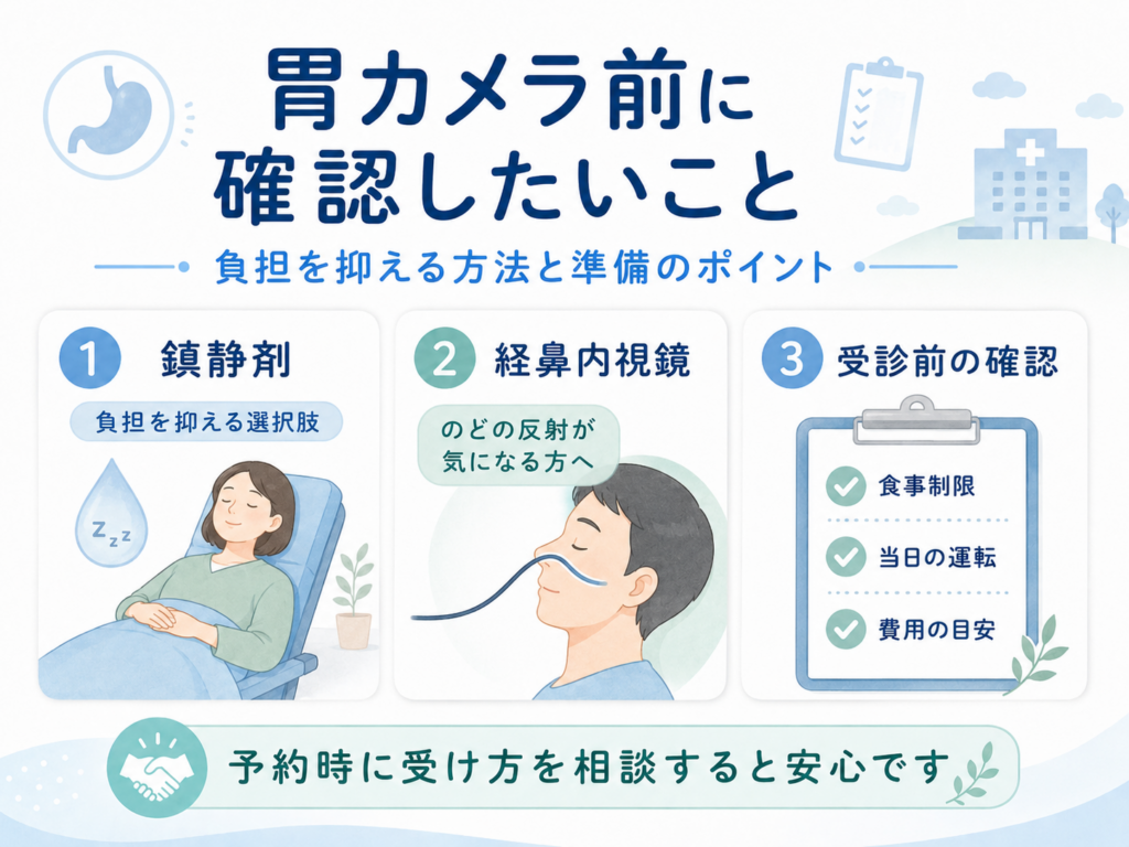 胃カメラ前に確認したい鎮静剤・経鼻内視鏡・食事制限などの準備をまとめた図