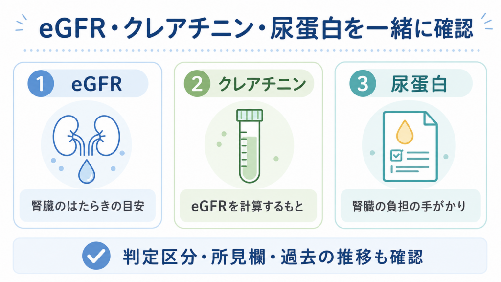 eGFR、クレアチニン、尿蛋白を一緒に確認して腎機能を整理する図