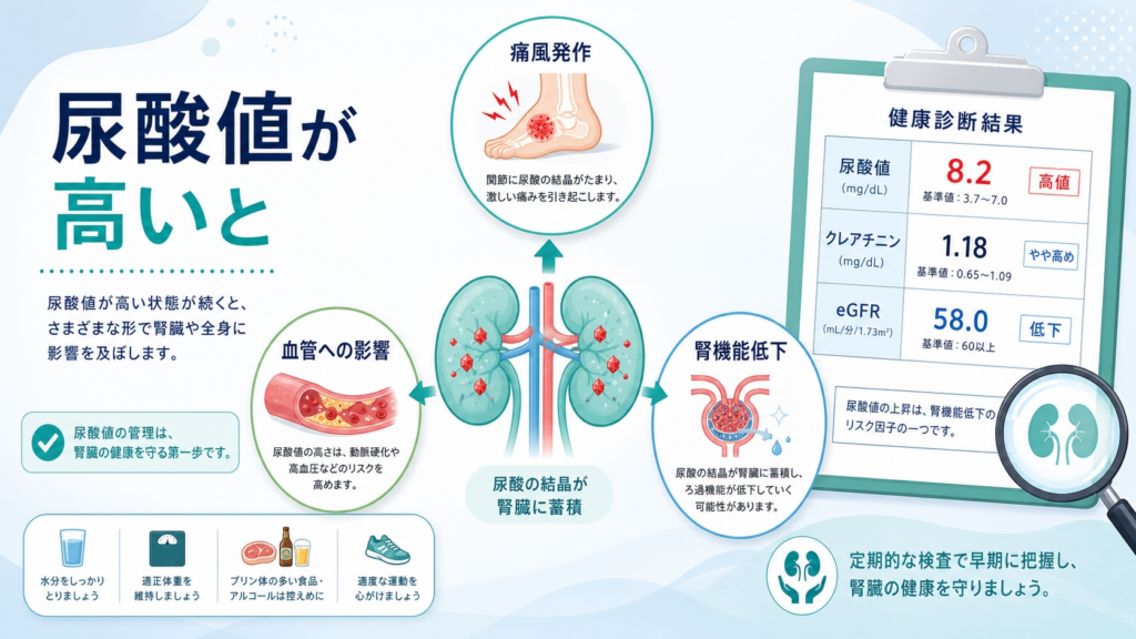 尿酸値が高い場合の腎臓への影響を示すインフォグラフィック。中央に腎臓のイラストがあり、痛風発作、血管への影響、腎機能低下の3つの関連症状が矢印で示されている。右側には健康診断結果（尿酸値、クレアチニン、eGFR）が表示されたクリップボードがある。