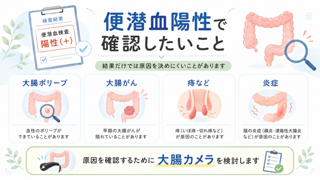 便潜血陽性で確認したい大腸ポリープ、大腸がん、痔、炎症の可能性を整理した図