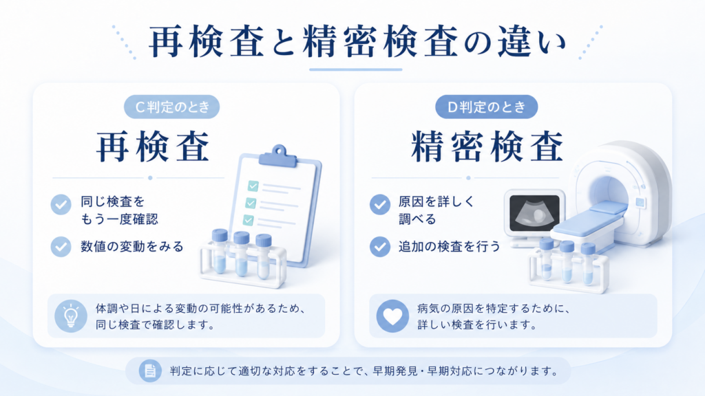 健診の再検査と精密検査の違いをC判定とD判定の目的別に整理した図