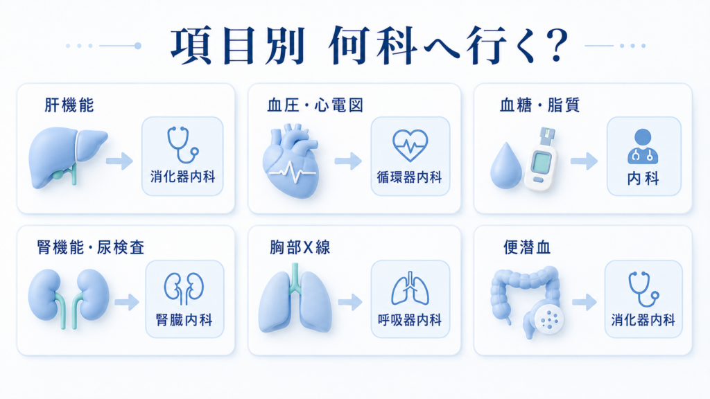 健診結果の項目別に相談先となる診療科を整理した図