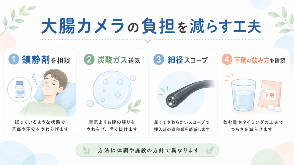 大腸カメラの鎮静剤、炭酸ガス、細径スコープ、下剤の飲み方を示した負担軽減の図