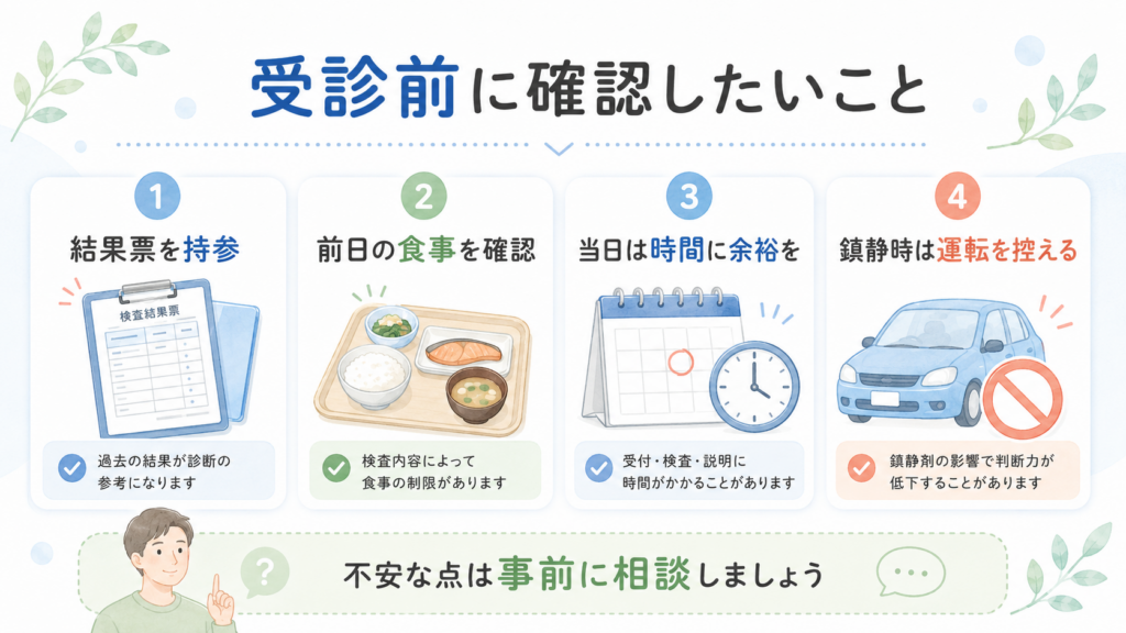 大腸カメラ受診前に結果票、前日の食事、時間、運転制限を確認するチェックリスト