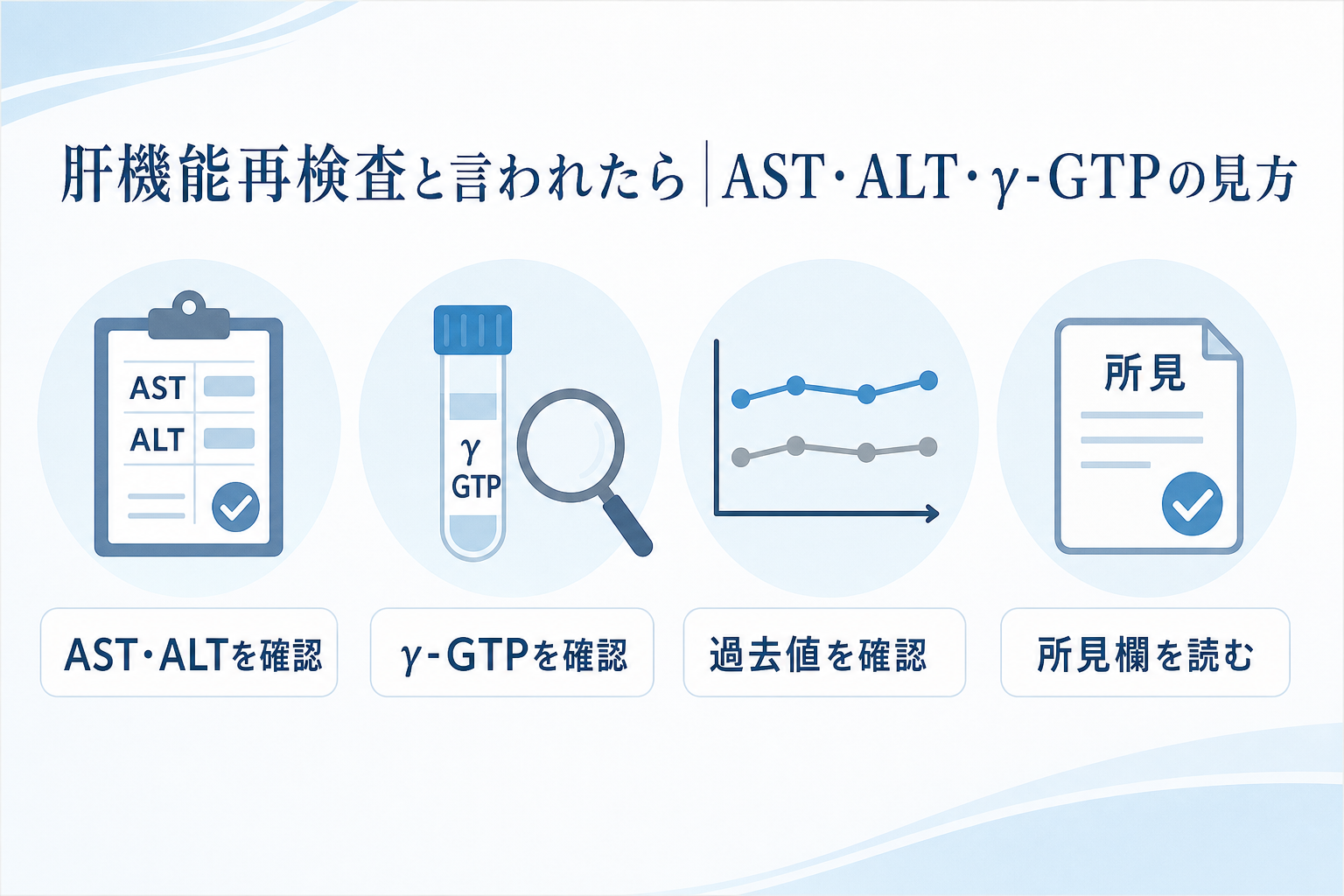 AST・ALTなどと過去値、所見欄の確認ポイントを整理した本文図